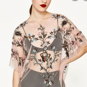 Womens Sheer Floral Embroidered Blouse- Dalia By-ZARA Sz S